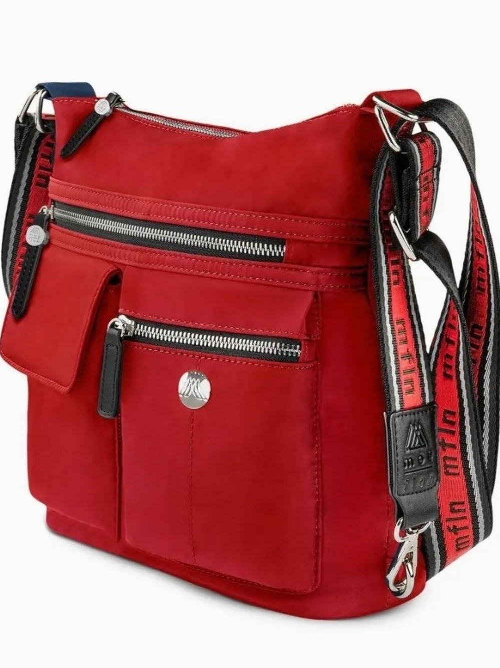 NWOT- Mouflon Augusta- Red Multi-Pocket Shoulder Bag with Web Strap.